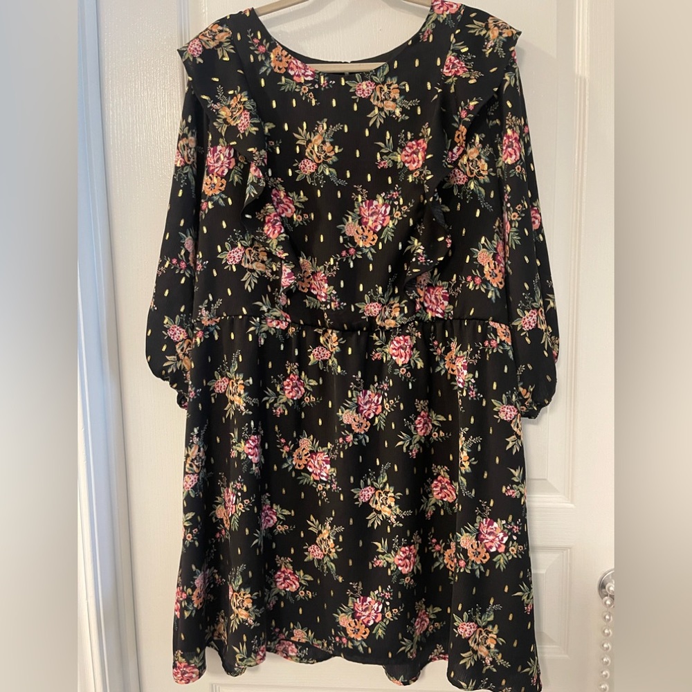 Black, Gold pink floral front ruffle dress